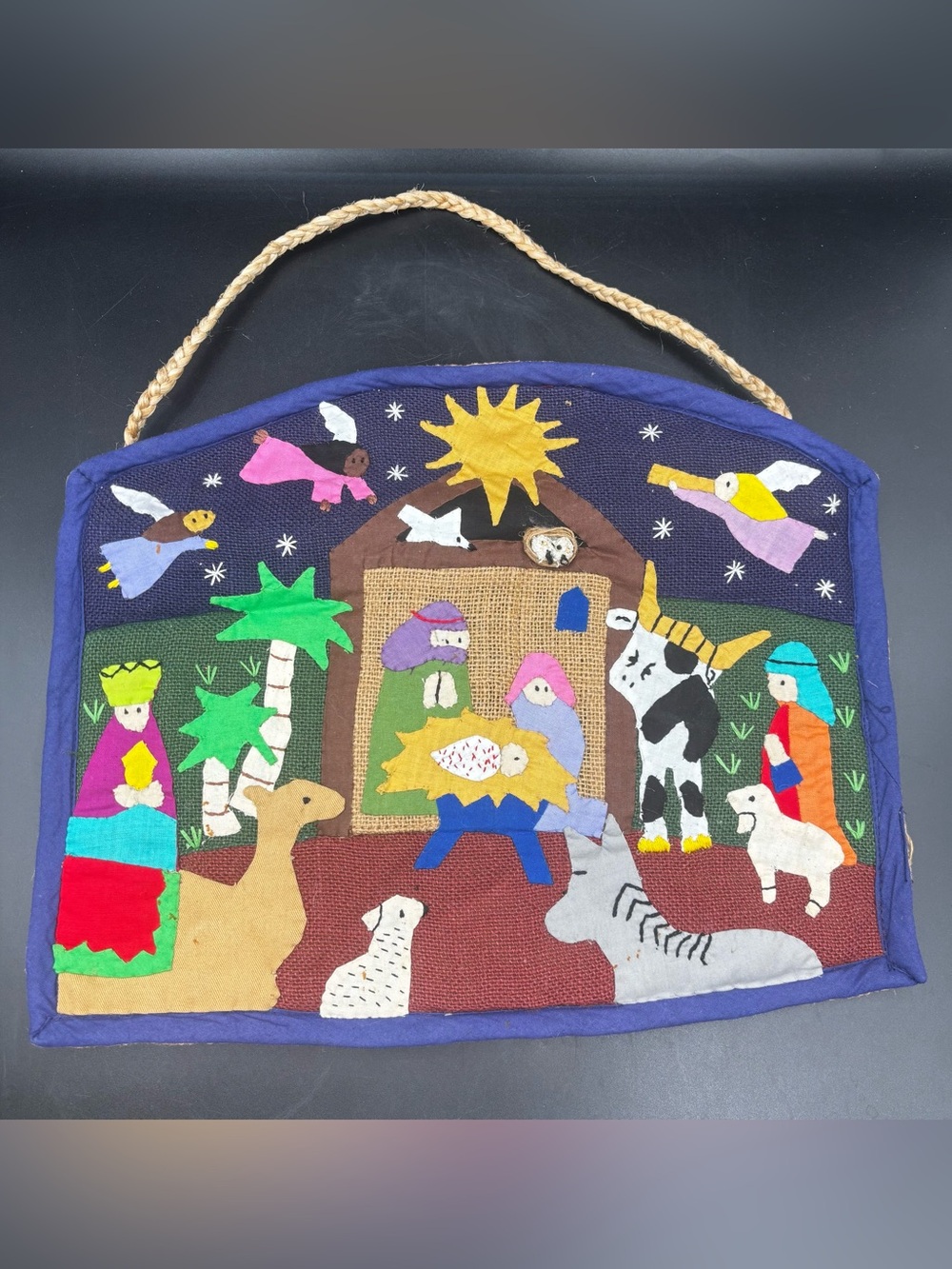 Vintage YWCA Bangladesh Nativity Jute Wall Hanging Handmade Folk Art Christmas